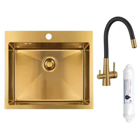 Laveo virtuves izlietne Malawi 50x58x20cm ar maisītaju un filtru,zelta